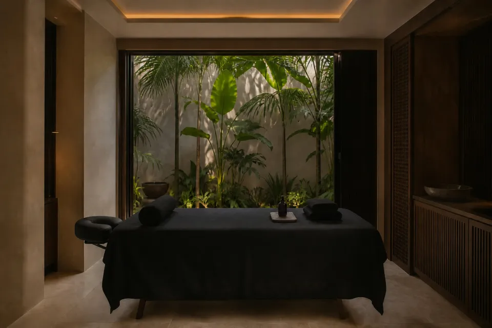 Ohara Spa private studio with a black massage table, professional headrest and tropical garden