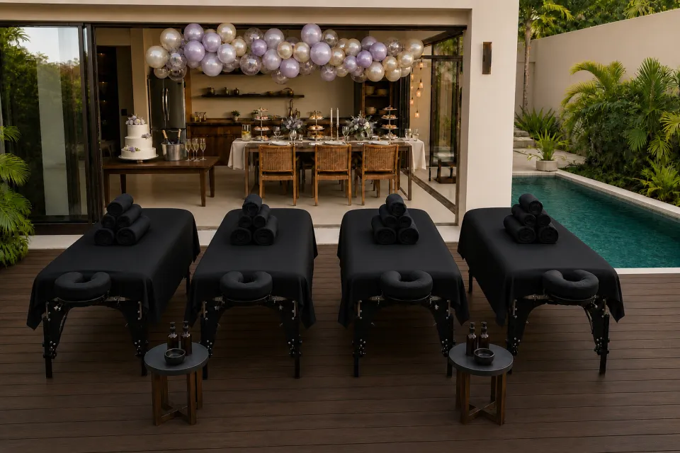 Four Ohara Spa massage tables dressed in black beside a villa pool, set up for a celebration with balloons and cake